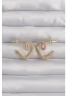  Altın Zirkon Taşlı Kıvrımlı Yarım Kalp Küpe