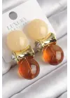  Altın Zirkon Taşlı Krem Turuncu Renk Doğal Taşlı Vintage Çelik Küpe