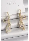  Altın Zirkon Taşlı Kurdele Model Çelik Küpe