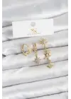 Çelik Gold Renk Zirkon Taşlı Kutup Yıldızı Model YSX Trio Küpe Seti