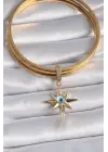 Pirinç Gold Renk Zirkon Taşlı Kutup Yıldızı Nazar Boncuk Detay Ajda Charm