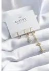 Pirinç Gold Renk Zirkon Taşlı Kutup Yıldızı Sallantı Model 3lü Kadın Küpe Seti