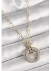 Altın Zirkon Taşlı Madalyon Modelli Çelik Kolye