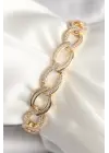 Pirinç Gold Renk Zirkon Taşlı Oval Zincir Model Kadın Bileklik
