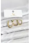 Çelik Gold Renk Zirkon Taşlı Petek Halka Model YSX Trio Küpe Seti