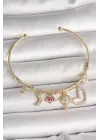 Pirinç Gold Renk Zirkon Taşlı Sallantı Gezegen Model Yıldız Detay Charm Kadın Bileklik