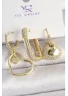 Pirinç Gold Renk Zirkon Taşlı Sallantı Kalp Model 3Lü Kadın Kombin Küpe