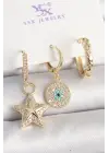 Pirinç Gold Renk Zirkon Taşlı Sallantı Yıldız Model Nazar Boncuk Detay 3Lü Kadın Kombin Küpe