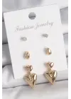 Pirinç Gold Renk Zirkon Taşlı Sallantılı Kalp Model 3 Çift Kadın Küpe Seti
