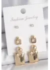 Pirinç Gold Renk Zirkon Taşlı Sallantılı Kare Model 3 Çift Kadın Küpe Seti