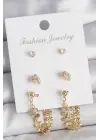 Pirinç Gold Renk Zirkon Taşlı Sallantılı Pul Model 3 Çift Kadın Küpe Seti
