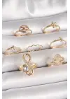 Pirinç Gold Renk Zirkon Taşlı Sonsuzluk Figür Yıldız Detay Kadın Yüzük Kombini