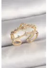 Pirinç Gold Renk Zirkon Taşlı Taç Model Ayarlanabilir Kadın Yüzük