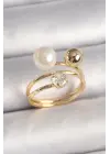 Pirinç Gold Renk Zirkon Taşlı Top İnci Model Kadın Yüzük