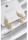  Altın Zirkon Taşlı Yaprak Model Çelik Küpe