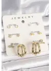 Pirinç Gold Renk Zirkon Taşlı Yıldız Detay Halka Figür 7Li Set Kadın Küpe