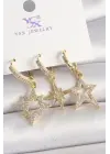Pirinç Gold Renk Zirkon Taşlı Yıldız Model 3Lü Kadın Kombin Küpe