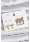 Pirinç Gold Renk Zirkon Taşlı Yıldız Model Fiyonk Detay 3 Çift Kadın Küpe Seti