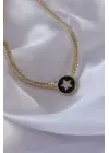 Pirinç Altın  Zirkon Taşlı Yıldız Model Siyah Mineli Ezme Zincirli Serenay Çelik Kolyesi