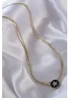 Pirinç Altın  Zirkon Taşlı Yıldız Model Siyah Mineli Ezme Zincirli Serenay Çelik Kolyesi