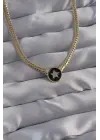Pirinç Altın  Zirkon Taşlı Yıldız Model Siyah Mineli Ezme Zincirli Serenay Çelik Kolyesi