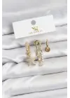 Çelik Gold Renk Zirkon Taşlı Yıldız Vintage Model YSX Trio Küpe Seti