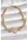 Çelik Gold Renk Zirkon Taşlı Yonca Figür Zincir Model Kadın Bileklik
