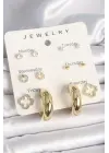 Pirinç Gold Renk Zirkon Taşlı Yonca Halka Figür 7Li Set Kadın Küpe