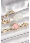  Altın Zirkonlı Oval Pembe Mineli 6Lı Çelik Yüzük Seti