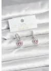 Pirinç Gümüş Pembe Renk Zirkon Taşlı Kalp Model Kadın Küpe
