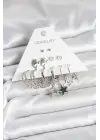 Yıldızlı Yunus Balıklı Pirinç Gümüş Renk 6lı Kadın Küpe Seti