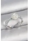 Pirinç Gümüş Renk Beyaz Gül Model Ayarlanabilir Kadın Yüzük