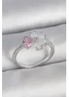 Pirinç Gümüş Renk Beyaz Mineli Pembe Zirkon Taşlı Çiçek Model Kadın Yüzük