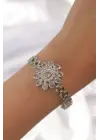 Pirinç Gümüş Renk İri Zirkon Taşlı Çiçek Figürlü Bileklik