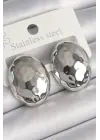  Gümüş İşleme Detaylı Bombeli Oval Plaka Model Çelik Küpe