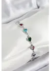Pirinç Gümüş Renk Karışık Renk Kalp Zirkon Taşlı Kadın Bileklik