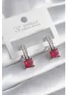  Gümüş Kırmızı Kare Zirkon Taşlı Çelik Küpe