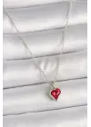 Pirinç Gümüş  Kırmızı Taşlı Kalp Figür  Çelik Kolye