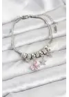 Çelik Gümüş Renk Pembe Kelebek Charmlı Kadın Bileklik