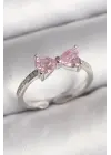  Gümüş Pembe Zirkon Taşlı Kalp Fiyonk Model Çelik Yüzük
