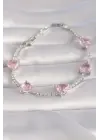 Pirinç Gümüş Renk Pembe Zirkon Taşlı Kalp Model VIP Seri Kadın Bileklik