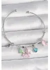 Pirinç Gümüş Renk Pembe Zirkon Taşlı Kelebek Figür Sallantı Detaylı Charm Kadın Bileklik