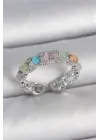 Pirinç Gümüş Renk Renkli Mineli Ayarlanabilir Kadın Yüzük
