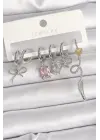Pirinç Gümüş Renk Sallantı Kurdele Kuyruklu Yıldız Figür Pembe Kare Zirkon Taş Detay Kadın Küpe Seti
