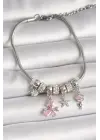 Pirinç Gümüş Renk Sallantı Pembe Zirkon Taşlı Kelebek Figür Çiçek Detay Charm Kadın Bileklik