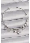Pirinç Gümüş Renk Sallantı Zirkon Taşlı Kalp Figür Charm Bileklik