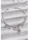 Pirinç Gümüş Renk Sallantı Zirkon Taşlı Kalp Figür Charm Bileklik