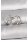  Gümüş Zirkon Taşlı Beyaz Mineli Yıldız Model Ayarlanabilir Yüzük