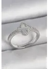 Pirinç Gümüş Renk Zirkon Taşlı Beyaz Mineli Yonca Model Ayarlanabilir Kadın Yüzük