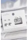 Pirinç Gümüş Renk Zirkon Taşlı Burgu Halka Model Kare Detay 3 Çift Kadın Küpe Seti